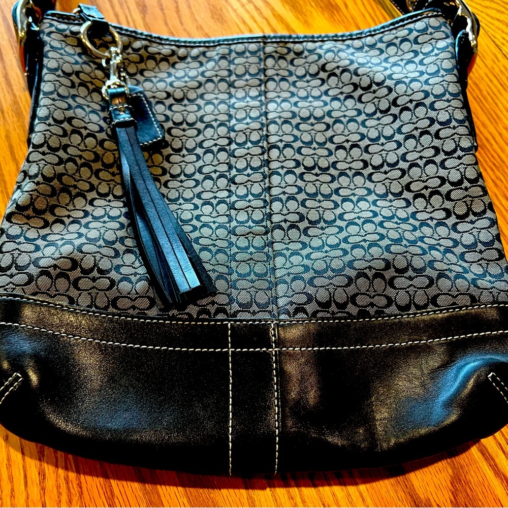 Coach black/silver cloth and leather crossbody